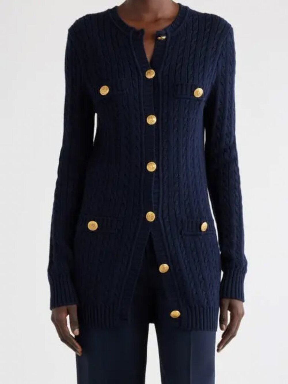 $1790 Chloe Classic Navy Blue Cable Knit Cardigan Cotton Sweater size Medium